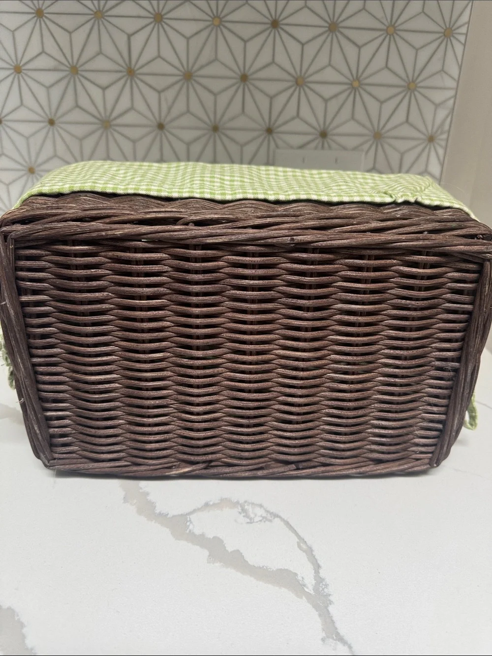 Dark Brown Wicker Basket with Green Gingham Liner